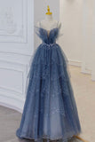 A Line  Evening Party Dresses Spaghetti Straps Blue Tulle Long Prom Dress