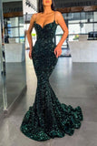 Dark Green Spaghetti Straps Sequins Evening Gowns Mermaid Prom Dresses