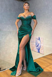 Party Dress Stain Dark Green Off-the-Shoulder Mermaid Long Prom Dress Split
