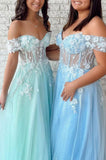 Off the Shoulder A line Evening Dress Tulle Applique Mint Green Long Prom Dress