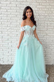 Off the Shoulder A line Evening Dress Tulle Applique Mint Green Long Prom Dress