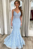 Light Blue Lace Evening Dresses Spaghetti StrapsMermaid Long Prom Dresses