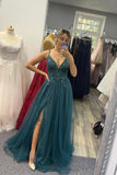 Spaghetti Straps Evening Party Dress A line New Arrival Tulle Beaded Long Prom Dress