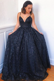 Formal Evening Dresses Navy Blue Lace Spaghetti Straps A-Line Long Prom Dress