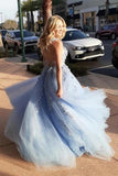 Sky Blue Party Dress A Line Floral Lace  Elegant Backless Long Prom Dress