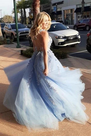 Sky Blue Party Dress A Line Floral Lace  Elegant Backless Long Prom Dress