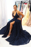 Backless A-Line Halter Elegant Navy Blue Long Lace Evening Dresses with Slit Prom Dress