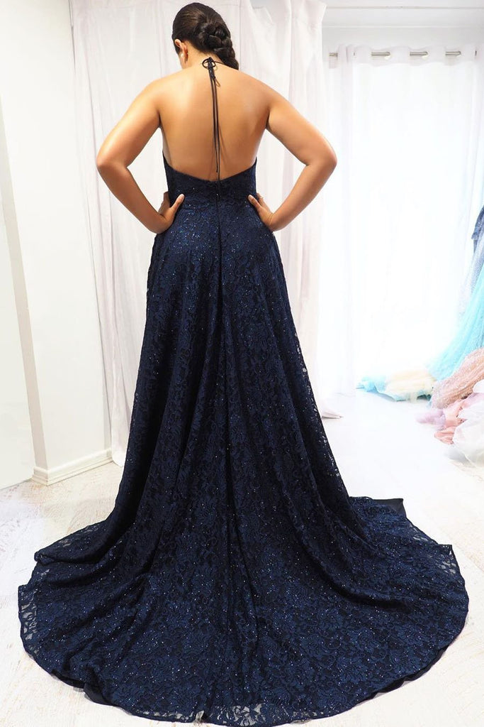 Backless A-Line Halter Elegant Navy Blue Long Lace Evening Dresses with Slit Prom Dress