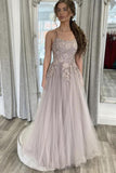 Tulle Lace Formal Evening Dress  Appliques Long Flooe Length A line Prom Dress