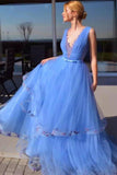 A-Line Tulle Pageant Dress Sky Blue V-Neck Prom Dresses With Appliques