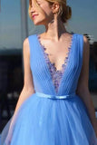 A-Line Tulle Pageant Dress Sky Blue V-Neck Prom Dresses With Appliques