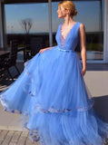 A-Line Tulle Pageant Dress Sky Blue V-Neck Prom Dresses With Appliques