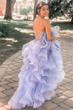 A Line Lavender Evening Party Dresses Cascading Ruffles Long Prom Dress