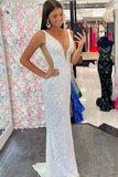V-Neck Mermaid Evening Party Long Shiny Sequin Dress Prom Dresses