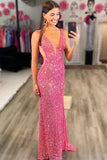 V-Neck Mermaid Evening Party Long Shiny Sequin Dress Prom Dresses