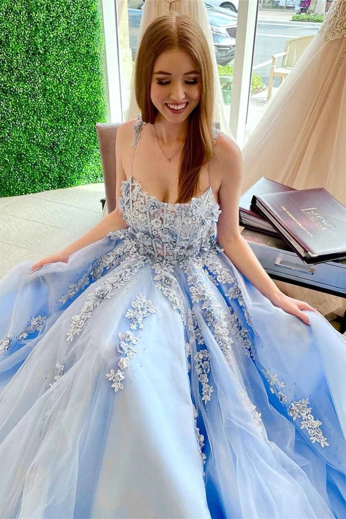 Sky Blue Party Dress A Line Floral Lace  Elegant Backless Long Prom Dress