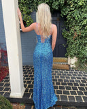 Sequins Blue Sheath Split Tassel Spaghetti Straps  Long Prom Dress