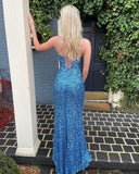 Sequins Blue Sheath Split Tassel Spaghetti Straps  Long Prom Dress