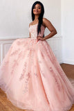 Appliques Beading Popular Formal Dresses Pink A-Line Tulle Long Prom Dresses
