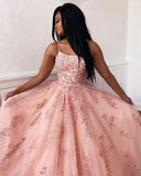 Appliques Beading Popular Formal Dresses Pink A-Line Tulle Long Prom Dresses