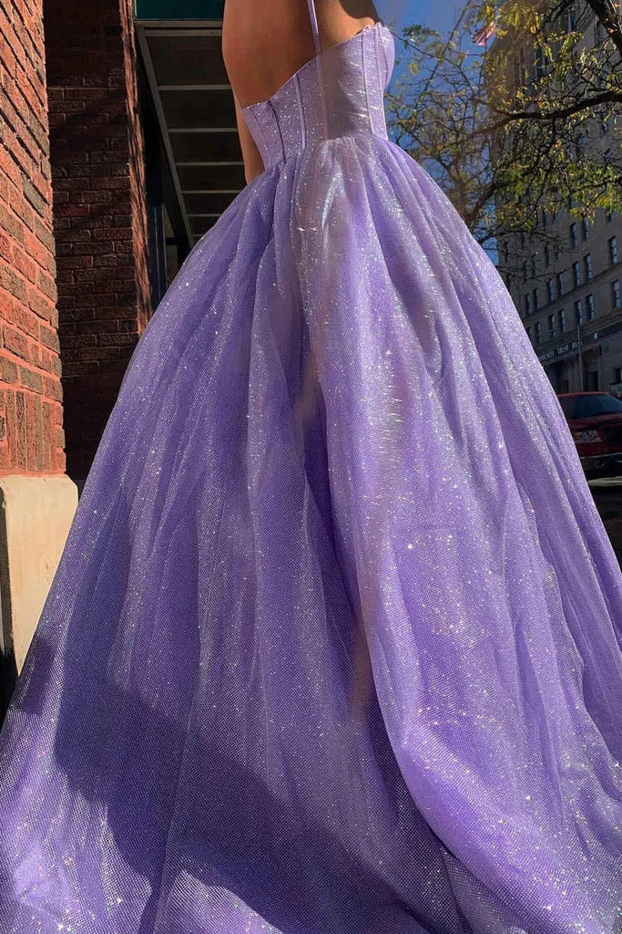 Lilac Sequin Spaghetti Straps Sparkly Evening Dress A Line Prom Dresses