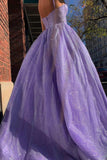 Lilac Sequin Spaghetti Straps Sparkly Evening Dress A Line Prom Dresses