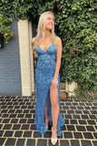 Sequins Blue Sheath Split Tassel Spaghetti Straps  Long Prom Dress