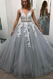 Appliques Formal Evening Dress Lace Tulle A-Line V-Neck School Party Gown Long Prom Dress