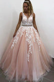 Appliques Formal Evening Dress Lace Tulle A-Line V-Neck School Party Gown Long Prom Dress
