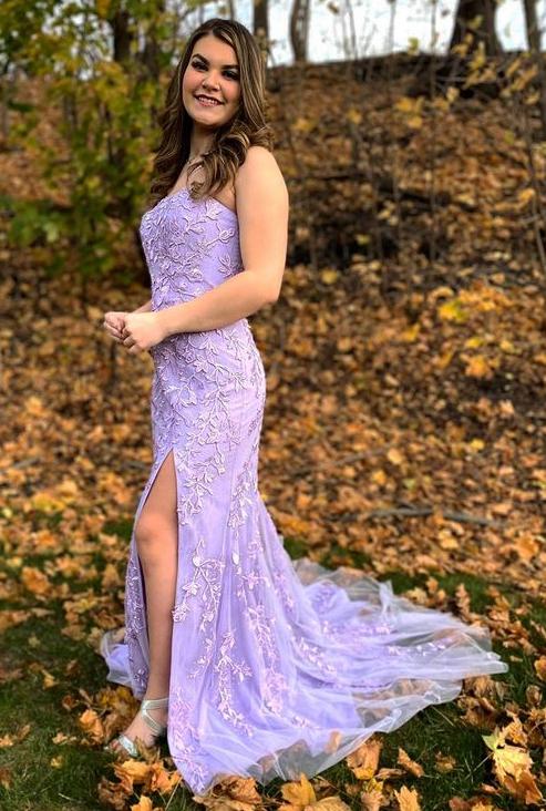 Strapless  Formal Evening Dress Mermaid Lilac Lace Long Prom Dresses with Slit