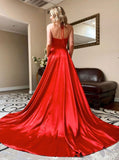 Pretty A-line V-neck Red Long Prom Dresses