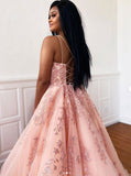 A-line Pink Appliques  Tulle Prom Dresses