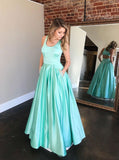 Shiny A-line Floor-length Mint Green Long Prom Dresses  With Pockets