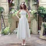 Chic A Line Strapless Appliques Lace Tea Length Prom Dresses, Bridesmaid Dresses WH28268