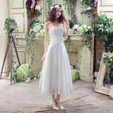 Chic A Line Strapless Appliques Lace Tea Length Prom Dresses, Bridesmaid Dresses WH28268