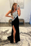 One Shoulder Split Floor-length Black Rhinestone Formal Prom Dress