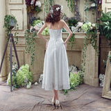 Chic A Line Strapless Appliques Lace Tea Length Prom Dresses, Bridesmaid Dresses WH28268