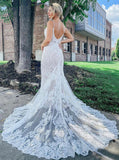 Modest Mermaid V-neck Lace Long Wedding Dress With Court Train