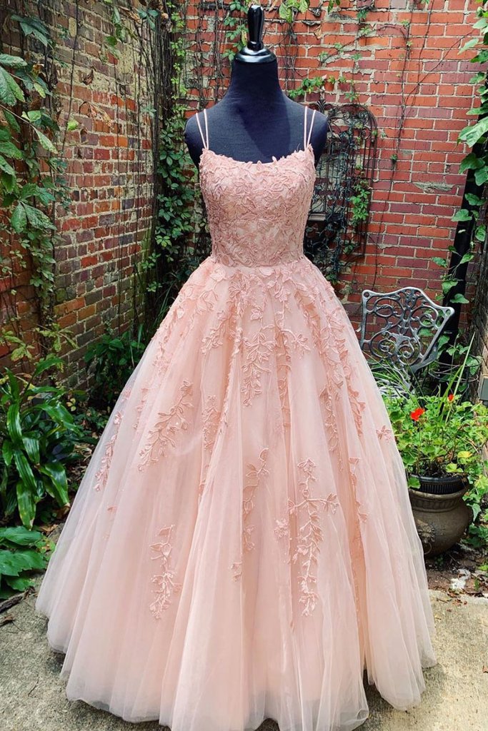 Pink A Line Tulle Lace Appliques Long Prom Dresses With Straps