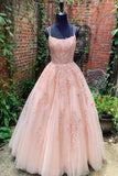 Pink A Line Tulle Lace Appliques Long Prom Dresses With Straps
