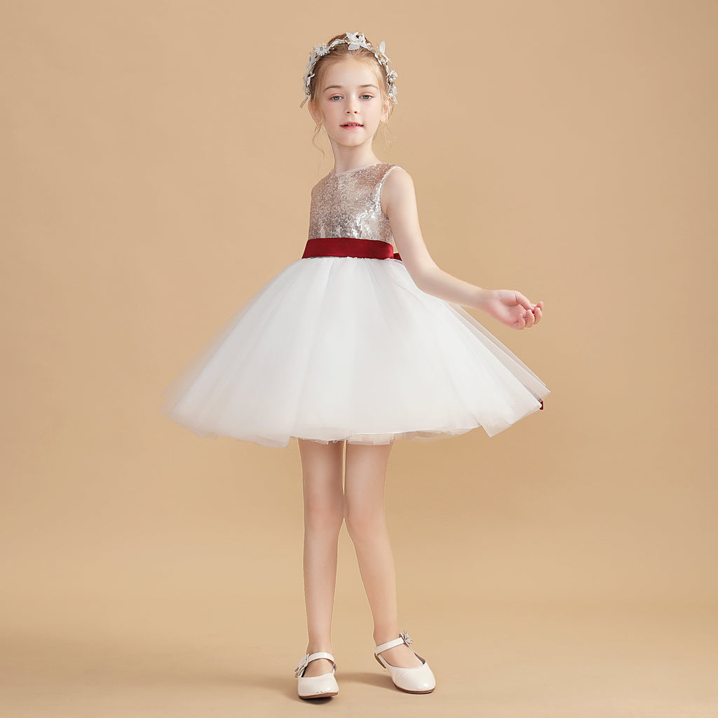 Sequins Gold Flower Girl Dresses With White Tulle