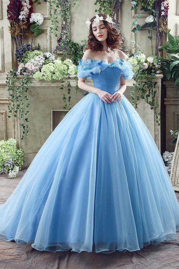 Gorgeous Ball Gown Off The Shoulder Appliques Tulle Court Train Prom Dresses, Party Dresses