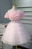 Pink Handmade Flower Tulle Short Homecoming Dress Princess Dresses