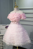 Pink Handmade Flower Tulle Short Homecoming Dress Princess Dresses