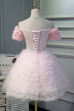 Pink Handmade Flower Tulle Short Homecoming Dress Princess Dresses