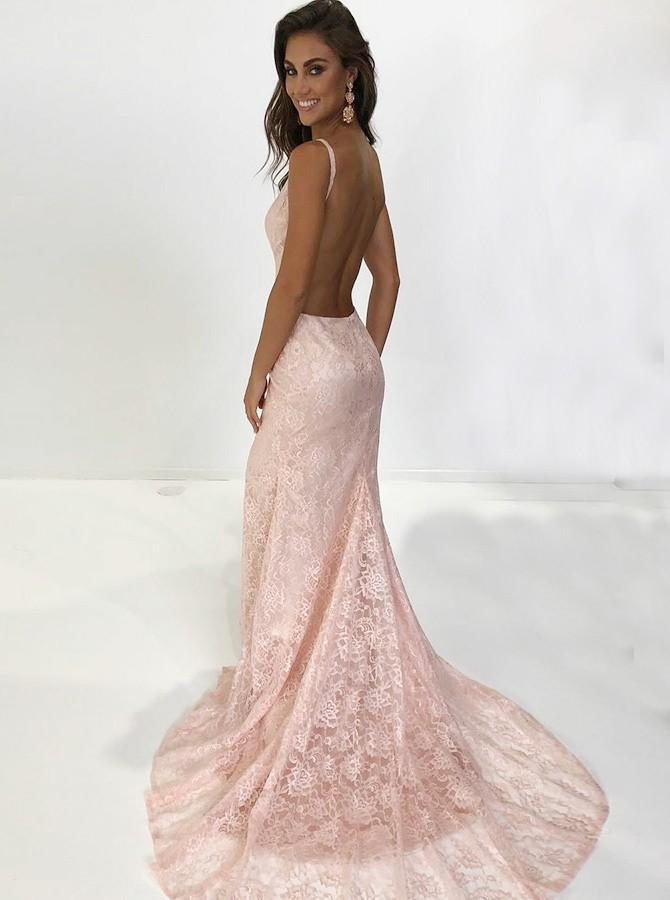 Amazing Mermaid Long Backless Pearl Pink V-Neck Lace Prom Dresses