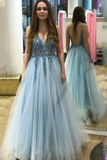 V-Back V-Neck Beading School Dance Blue Tulle A-Line Dress Long Prom Dresses