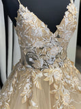 Pretty A-line Sleeveles V-neck  Champagne  Appliques Tulle Prom Dresses