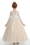 Floor Length Champagne Half Sleeves Tulle Flower Girl Dresses With Lace