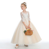 Floor Length Champagne Half Sleeves Tulle Flower Girl Dresses With Lace